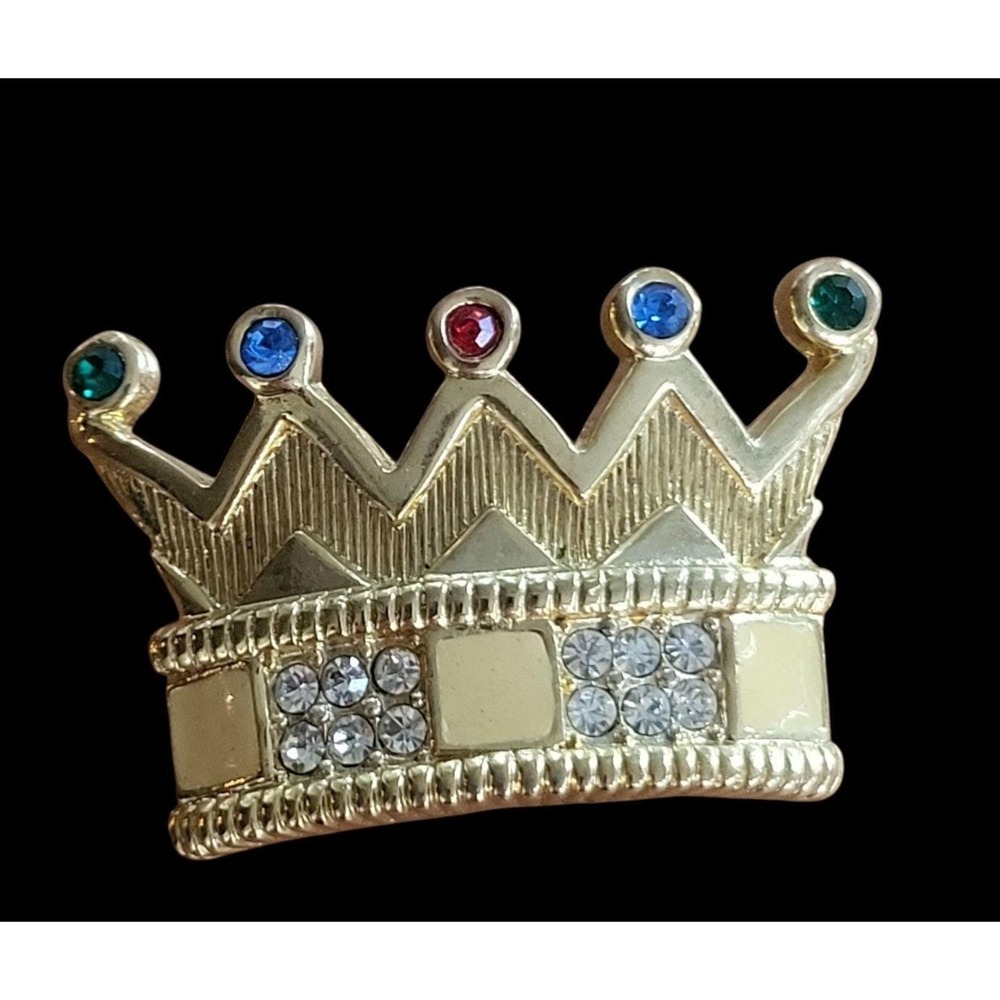 Swarovski Swan Logo Crown Brooch Enamel Rhinestone Signed Retired Vintage Gold